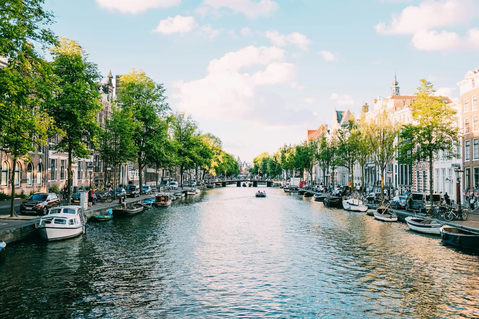 Canal in Amsterdam lined with trees, houseboats and tall houses